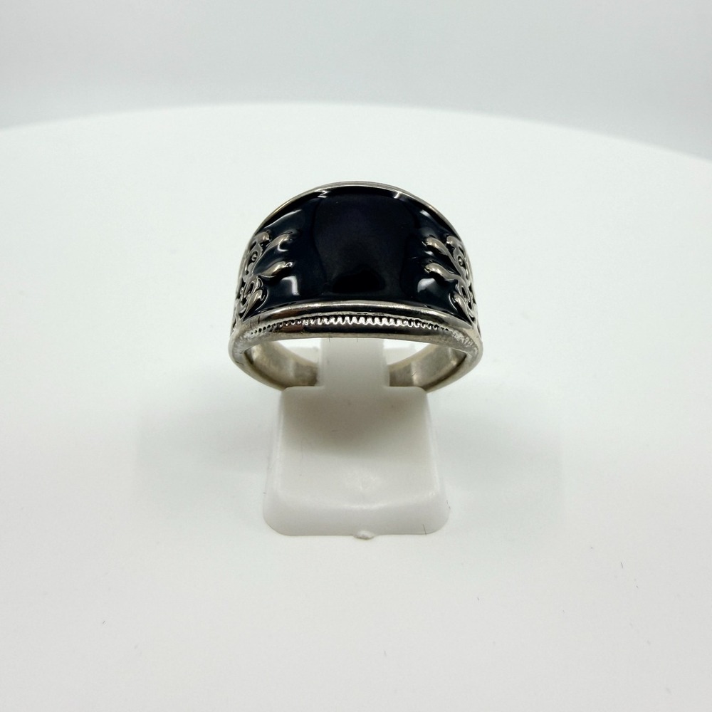 Vintage Gothic Black Enamel Wide Band Ring Silver Filigree Size 8.5